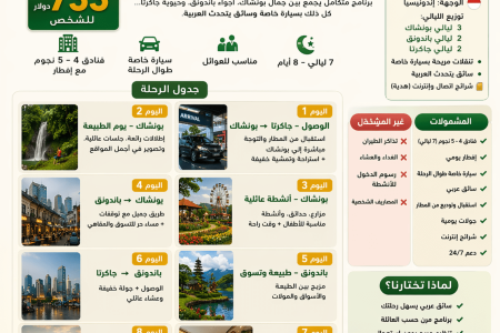 🌴 برنامج سياحي إندونيسيا 8 أيام | للعوائل + سائق عربي