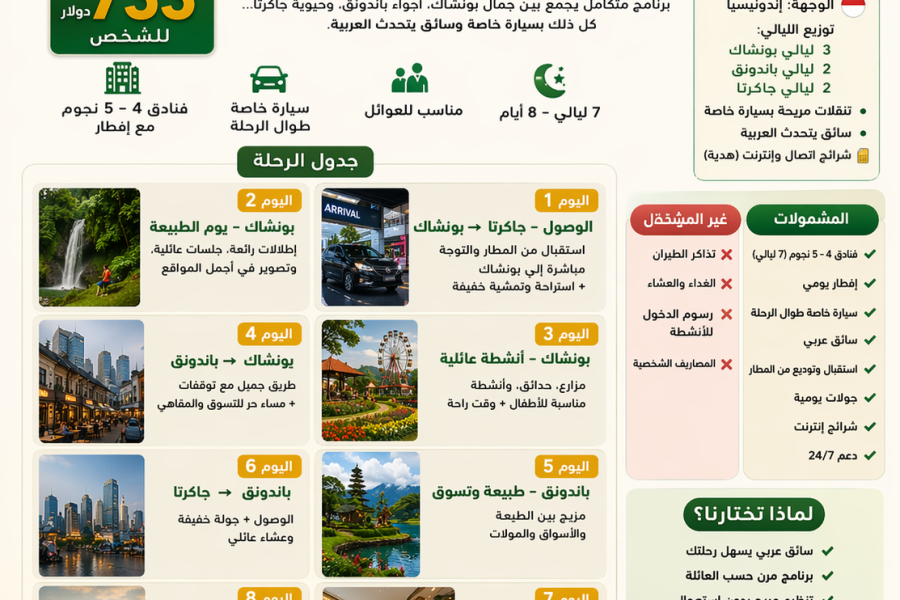 🌴 برنامج سياحي إندونيسيا 8 أيام | للعوائل + سائق عربي