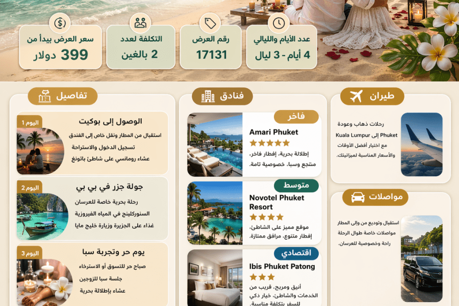 🌴 جدول رحلات بوكيت شهر عسل 4 أيام – تجربة رومانسية لا تُنسى