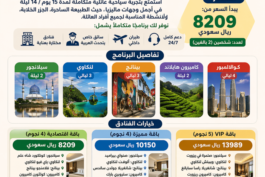 🌴 بكج عائلي ماليزيا 15 يوم | أفضل العروض السياحية للعوائل 👨‍👩‍👧‍👦