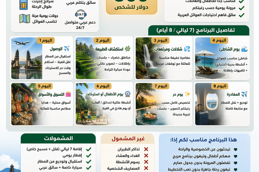 🌴 جدول سياحي بالي للعوائل 8 أيام | فلل بمسبح خاص + سائق عربي